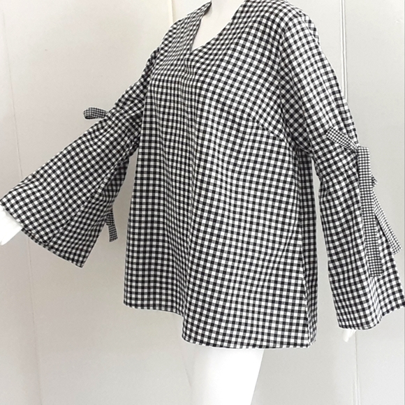PLUS SZ XL AVA & VIV Black White Gingham V-Neck Bow Flutter Long Sleeve Blouse - Picture 2 of 7